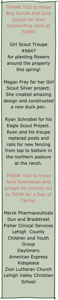 THANK YOU to these Boy Scouts and Girls Scouts for their outstanding work at TGMR!

Girl Scout Troupe #6647
for planting flowers around the property this spring!

Megan Frey for her Girl Scout Silver project. She created amazing design and constructed a new duck pen.

Ryan Schnabel for his Eagle Scout Project. Ryan and his troupe replaced posts and rails for new fencing from top to bottom in the northern pasture at the ranch.

THANK YOU to these local businesses and groups for coming out to TGMR for a Day of Caring!

Merck Pharmaceuticals
Dun and Bradstreet
Fisher Clinical Services
Lehigh  County Children and Youth Group
Daytimers
American Express
Kidspeace
Zion Lutheran Church
Lehigh Valley Christian School


